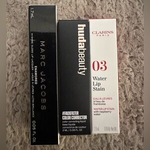 MARC JACOBS Lip Gloss, HUDA BEAUTY Color Corrector & CLARINS Water Lip Stain